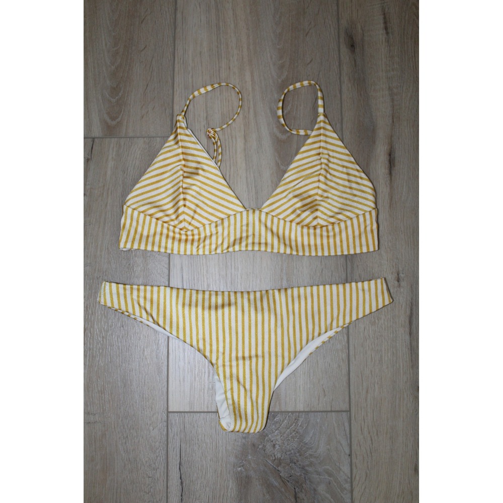 Tori Praver Womens Yellow White Cabana Stripe Triangle Bikini Set Small Cheeky
